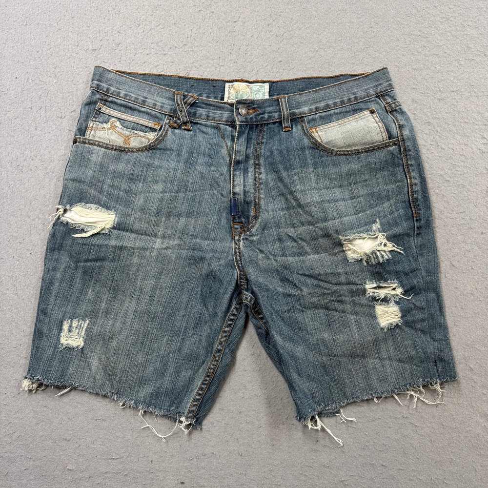 Y2K Denim Shorts Men's 36 Blue Medium Wash Cut Off Distressed Skater Streetwear